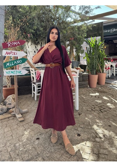 WeShaya Bordo Kruvaze Kemerli Saten Elbise Bordo