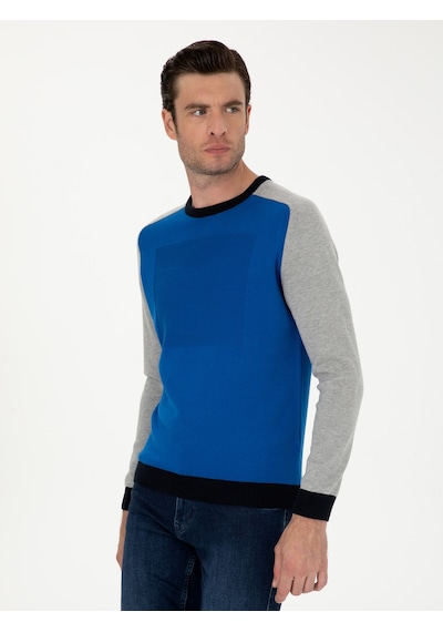 Cacharel Sax Slim Fit Pamuk Karışımlı Bisiklet Yaka Triko Kazak Mavi