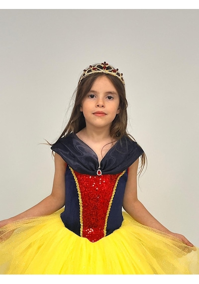 Butikhappykids Pamuk Prenses Kostümü Kasnaklı Düşük Omuz Detaylı Prenses Elbise 3-8 Yaş Taç Hediyeli Sarı