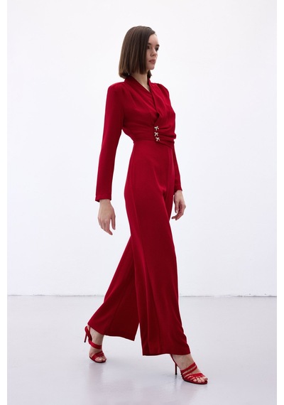 Sateen Fiyonk Aksesuarlı Krep Tulum - Kırmızı-136702 Kırmızı