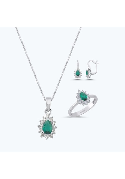 Altınbaş Yeşil Taşlı Altın Üçlü Damla Set Autk0017-b-24627-y-set