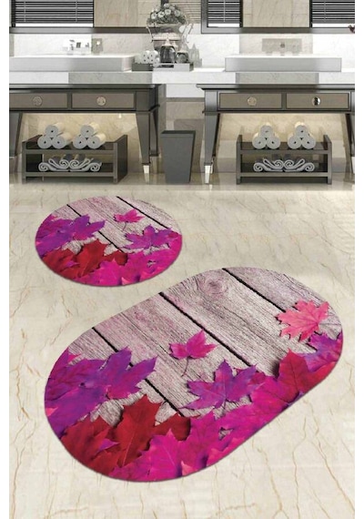 Fuşya Çınar 3d Banyo Halısı Klozet Oval Paspas Seti Bs068n11