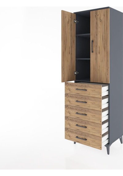 Hyperion Dolap 3 Raflı 5 Çekmeceli 2 Kapaklı 60x44x195 Antras... Antrasit