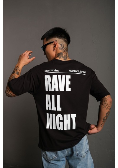 Technomonkey Unisex Siyah Oversize Rave All Night Baskılı Tişört