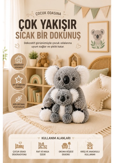 26 Cm Gri Anne Ve Yavru Koala Peluş Oyuncak Yumuşak Dekoratif Çocuk Odası Uyku Arkadaşı