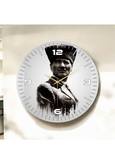 AA Shop Siyah Beyaz Renkli Baskı Atatürk Portre Desenli Sayılı Hediyelik Ahşap Sessiz Duvar Saati 50cm ÇOk Renkli