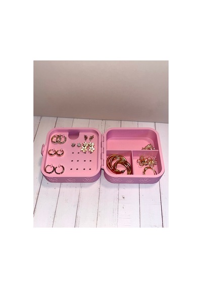 Pembe Çiçek Kabartmalı Takı Ve Mücevher Kutusu - Bölmeli Küpelik Yüzüklük Organizer 88x183x33 Mm Pembe
