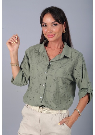 By Saygı Kadın İtalyan Cotton Mini Çiçek Nakış İşlemeli Gömlek Haki