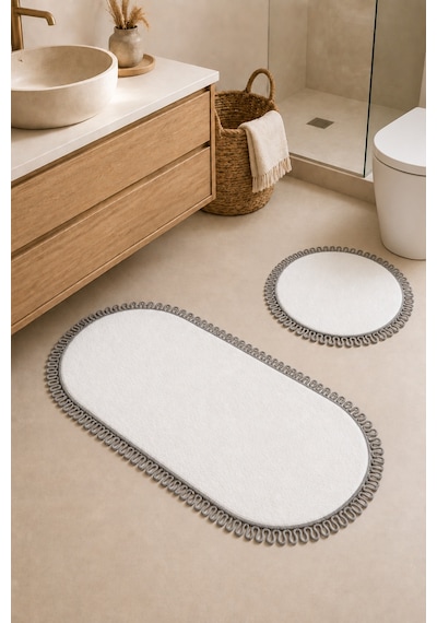 El Yapımı Bohem Banyo Paspası 2'li Peluş Kaymaz Jel Taban Yuvarlak 60x60 Cm Ve Oval 55x100 Cm Beyaz Gri