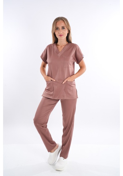 Unisex Elit Likra Sütlü Kahve Hemşire Ve Doktor Üniforma Takımı Scrubs Kahverengi