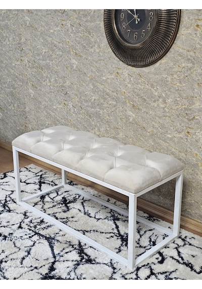 Zafir Beyaz Boyalı Diktörtgen 100 Cm X 40 Cm Oturak Puf - Bench - Makyaj Oturağı - Oturak Krem