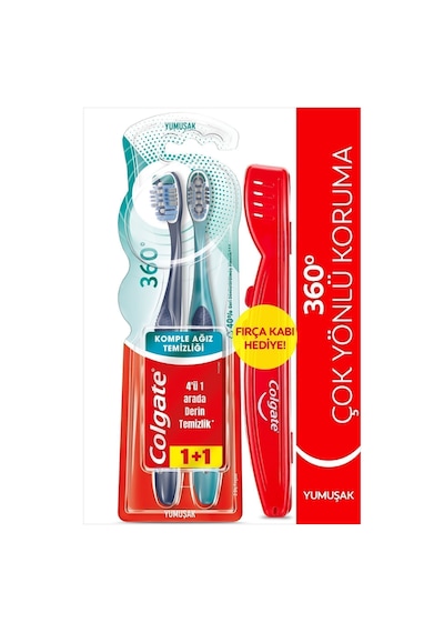 Colgate 360 Komple Ağız Temizliği Çok Yönlü Koruma Yumuşak Diş Fırçası 1+1 Fırça Kabı Hediye