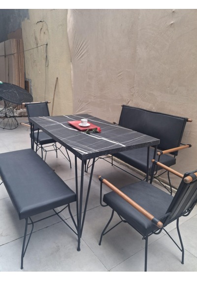 Masa Sandalye Tk 90605 Penyez Takım Model Metal Siyah Suni Deri Balkon-bahçe Siyah