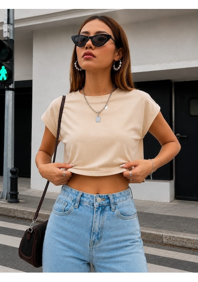 Bonnywıll Bonnywılll Bisiklet Yaka Düşük Kol Crop T-shırt Bej