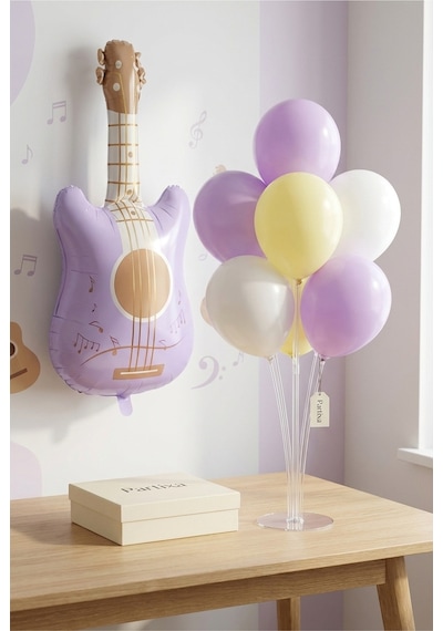 Retro Mat Lila Gitar Balon Stand Seti Şeffaf 7 Li Stand + Retro Mat Lila Gitar Folyo Balon + 7 Lateks Balon