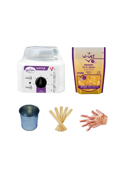Depi Roll Jupiter Ağda Makinesi + Vi-Vet Granül Naturel Ağda 1 KG + Cezve + Spatula 5'li + Eldiven