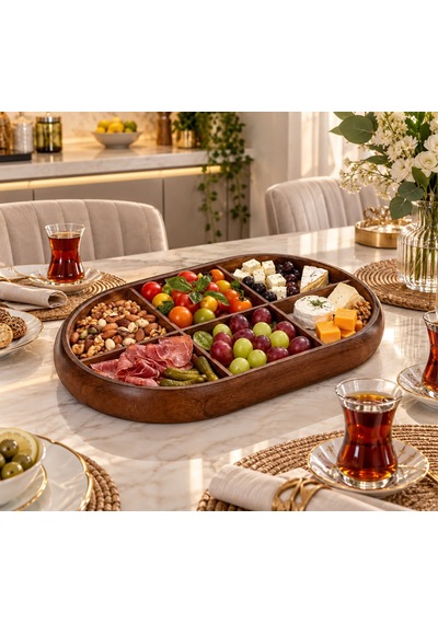 6 Bölmeli Kapaklı Şık Oval Akasya Çerezlik Ahşap