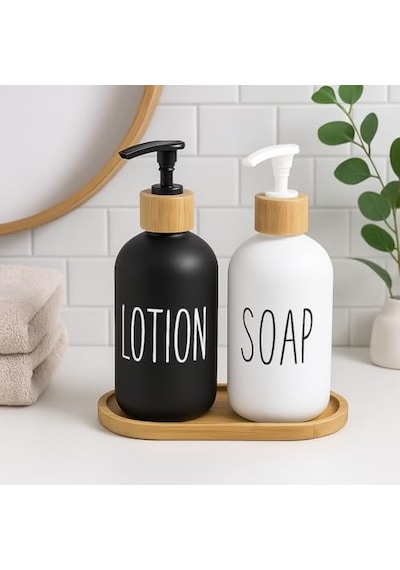 2 Li Cam Sıvı Sabunluk Ve Losyonluk Seti 500 Ml Siyah & Beyaz Boyalı Cam Bambu Kapak Ve Ahşap Altlıklı Banyo Seti Şık Ve Dayanıklı Tasarım 000 Açık Krem