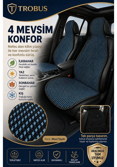 Toyota Rav4 2019 Ve Sonrası Üniversal Örme Ön 2 Parça Minder Terletmez Kaymaz Taban Siyah Mavi