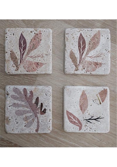 Pembe Desenli Yapraklar Doğal Taş Bardak Altlığı 4'lü Set - Natural Stone Coasters - Taş Bej
