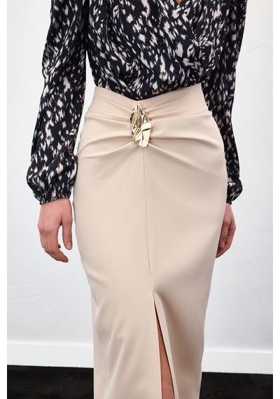 Sateen Gold Yan Aksesuarlı Etek - Bej-136885 Bej