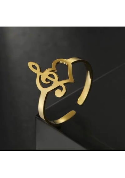 Sol Anahtarı Kalp Detaylı Ayarlanabilir Yüzük 316l Paslanmaz Çelik Gold Renk Renkli