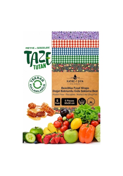 Balmumlu Doğal Gıda Saklama Bezi 5 Parça Balmumu Bez Beeswax Food Çok Renkli