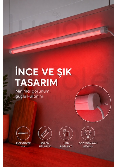 Kırmızı Usb Led Bar 100 Cm Yapışkanlı Anahtarlı Dolap Tezgah Raf Dekoratif Aydınlatma