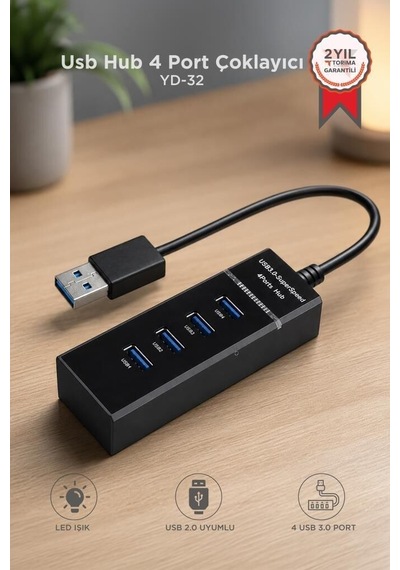 Premium Usb Hub 4 Port Çoklayıcı 3.0 Çoğaltıcı Yd32 Siyah Aparat Donanım Masaüstü