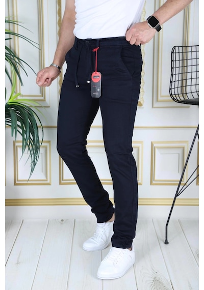 Phantom Jeans Erkek Lacivert Slim Fit Esnek Likralı Armürlü Keten Pantolon Bağcıklı Kemerli Beli Lastikli Şık Pant Lacivert