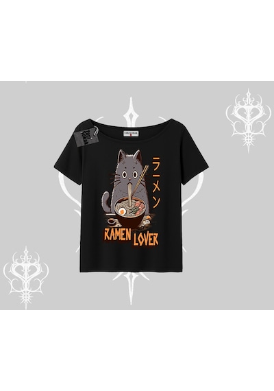 Startmore Startmore Kayık Yaka Tshirt Ramen Lover Kedi Anime Baskılı Siyah