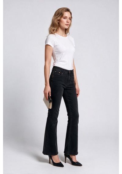 Bsb Kadın Yüksek Bel Geniş Paça Jean Pantolon Denim Kumaş Siyah