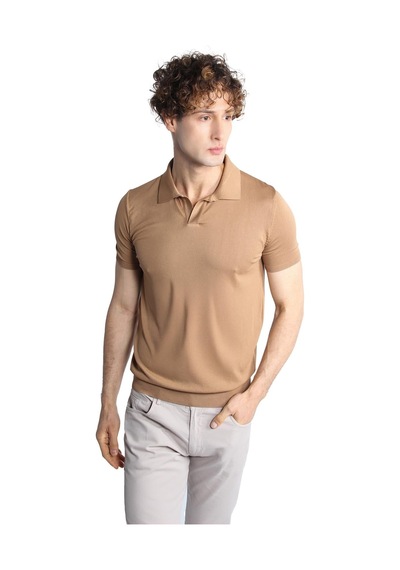 İgs Vizon Slim Fit Dar Kalıp Polo Yaka Düz Kısa Kollu Triko Tişört-16332 Bej