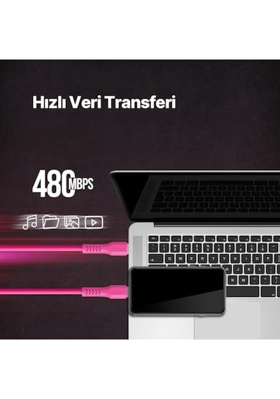 Usb-c - Usb-c 120cm 60w Pd/qc Hızlı Şarj/data Kablosu Neon 2dk59n Neon Pembe
