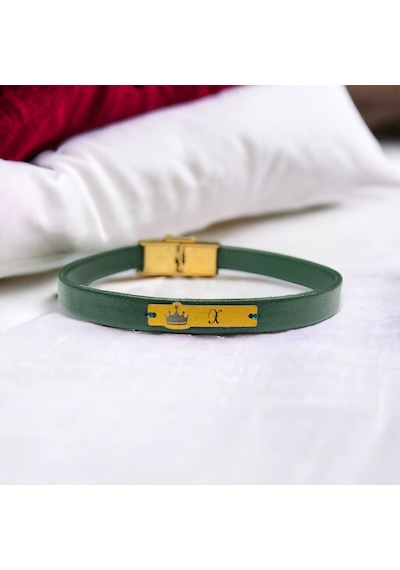 Archin X Harfine Özel Doğal Yeşil Derili Taç Figürlü 14 Ayar Altın Plakalı Hediye Bileklik-572harf X Archin X Harfine Özel Doğal Yeşil Derili Taç Figürlü 14 Ayar Altın Plakalı Hediye Bileklik-572harf X