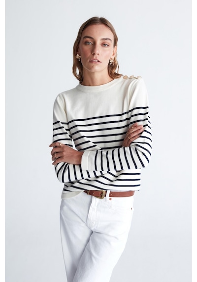 Styleboom X Peraluna Audrey Pullover Omzu Düğmeli Çizgili Organik Pamuk Mevsimlik Kadın Triko Kazak Ekru/lacivert-ekru Ekru