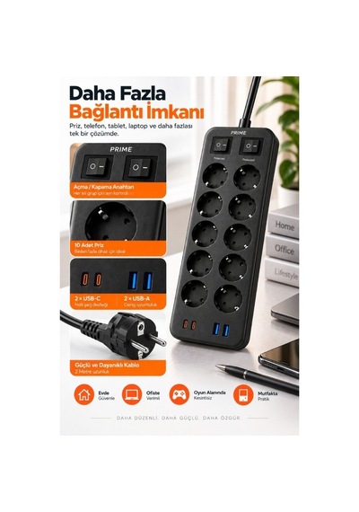 10 Lu Akım Korumalı Grup Priz 3680w, 2 Usb-c + 2 Usb-a, 1050j, 2 Metre Kablo 0 - 2 M