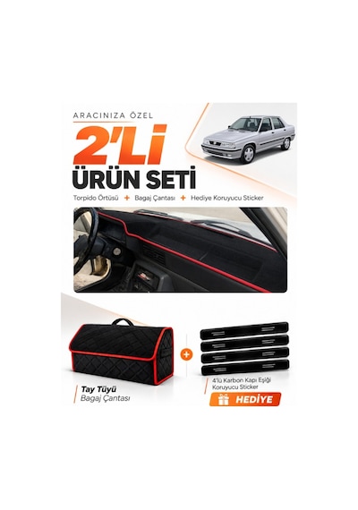 E-biz Renault 9 Broadway 1985-2000 Uyumlu Torpido Örtüsü + Tay Tüyü Çanta - Siyah-kırmızı - Re003
