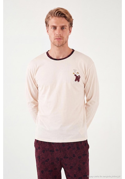 Buratti Baskılı Pamuklu Bisiklet Yaka Uzun Kollu Pijama Takımı Erkek Pijama Takımı 6575004 Bordo
