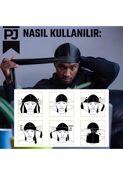 Purplejam Siyah Durag Ayarlanabilir Premium Unisex Bandana