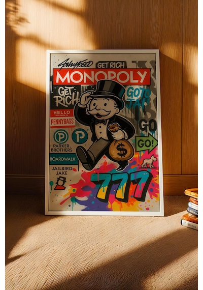 Monopoly Get Rich Çerçeveli Tablo Angel Number 777 Genç Girişimci Yatırımcı Ofisi Dekoru Street Art