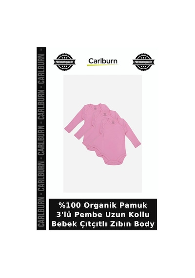 Carlburn %100 Organik Pamuk 3'lü Pembe Uzun Kollu Bebek Çıtçıtlı Zıbın Body Çocuk Kıyafeti Düz Desen Pamuklu