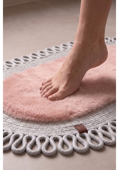 Banyo Paspası Takımı 60x100+40x60 Cm Dış Trikot Pembe & Gümüş