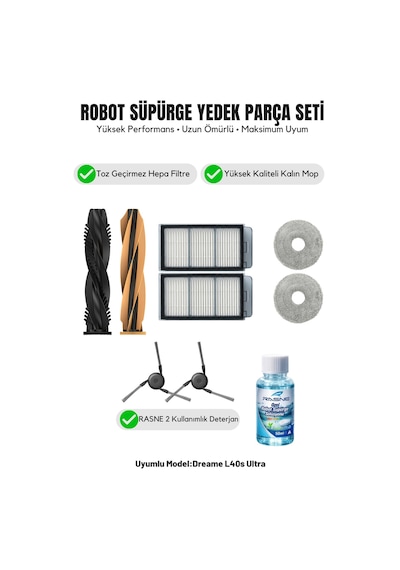 Dreame L40s Ultra İle Uyumlu 1 Ana Fırça 2 Yan Fırça 2 Filtre 2 Mop 1 Deterjan 3.0