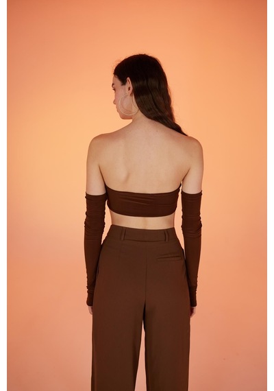 Holly Lolly Straplez Model Kol Detaylı Noir Bluz Kahverengi Kahve