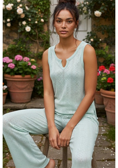 Siyah İnci Pointel Ajurlu/delikli Kolsuz Örme Pijama Takım26120566 Mint