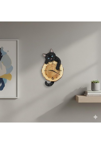 Cajuart Kütük Üzerinden Bakan Siyah Kedi Tasarımlı Duvar Saati Modern Dekoratif Saat Kahverengi
