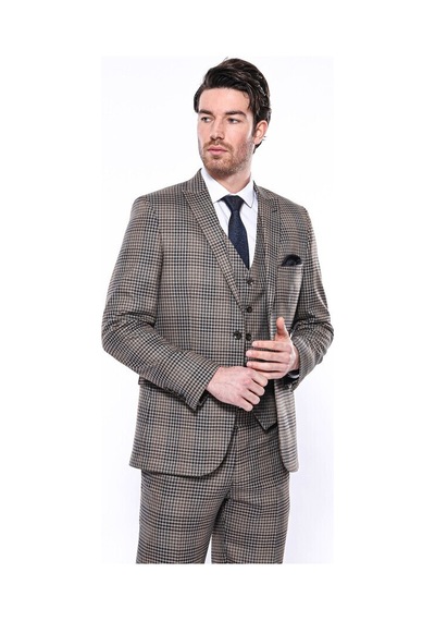 Wessi Kare Desenli Slim Fit Kahverengi Erkek Ceket 001