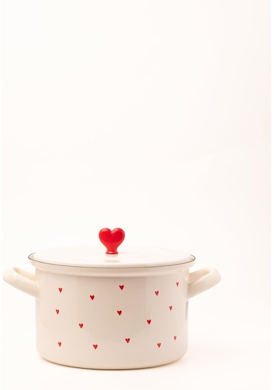 Cupid 20 Cm Tencere, Krem Rengi, Kırmızı Kalp Desenli, Kapaklı, 3 Litre