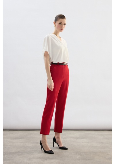 Sateen Kemerli Pantolon - Kırmızı-136700 Kırmızı